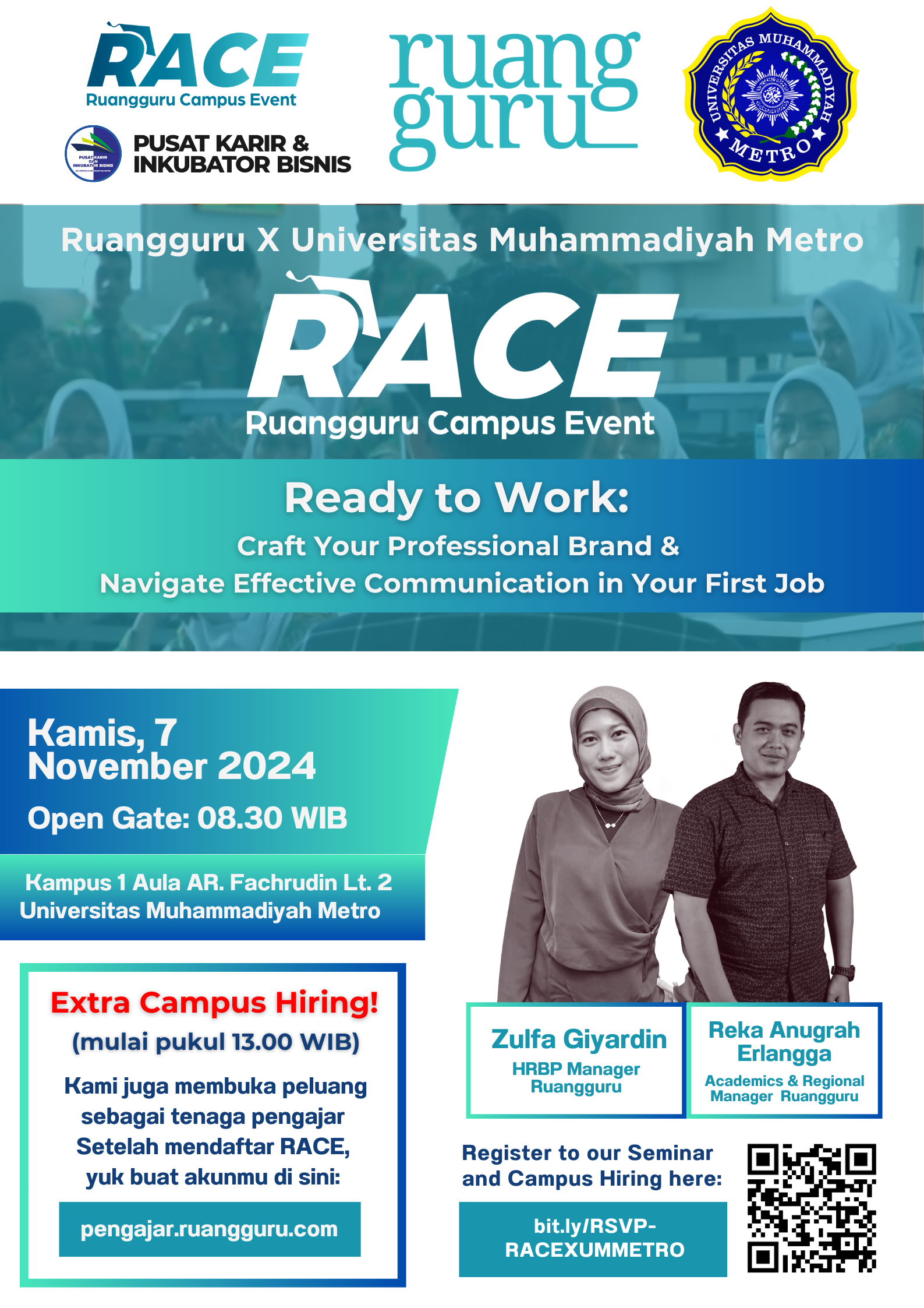 SEMINAR KARIR & REKRUITMEN KAMPUS di Ruang Guru Campus Event Universitas Muhammadiyah Metro!