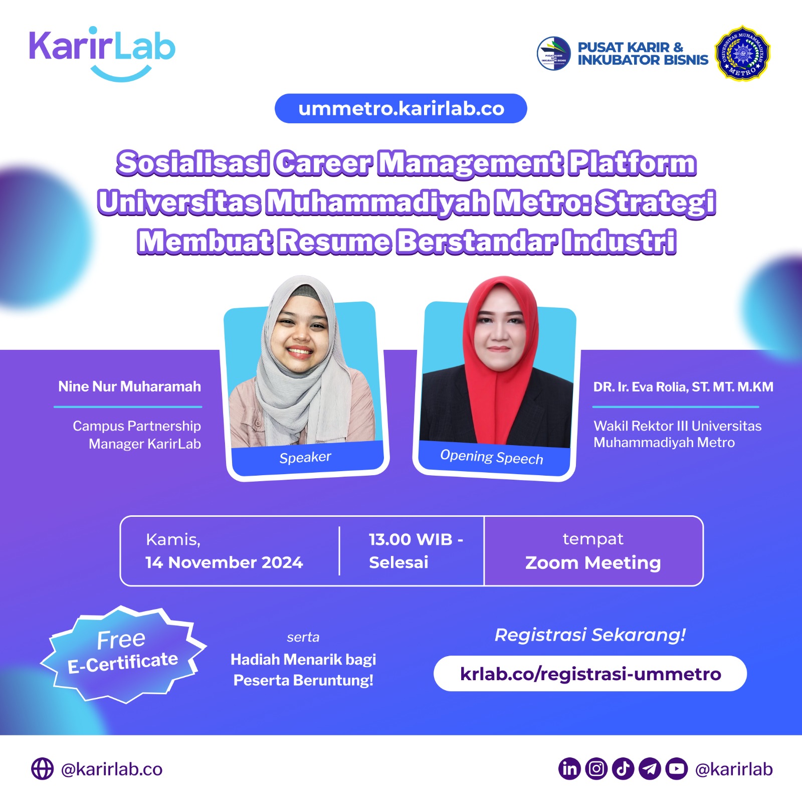 Sosialisasi Career Management Platform Universitas Muhammadiyah Metro.