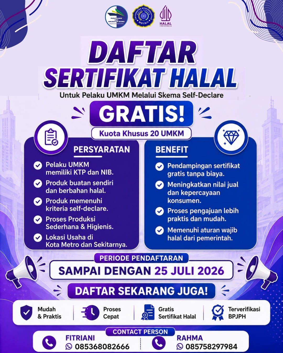 LP3H UM Metro Buka Pendampingan Sertifikasi Halal Gratis bagi Pelaku UMKM Melalui Skema Self-Declare LP3H UM Metro Buka Pendampingan Sertifikasi Halal Gratis bagi Pelaku UMKM Melalui Skema Self-Declare